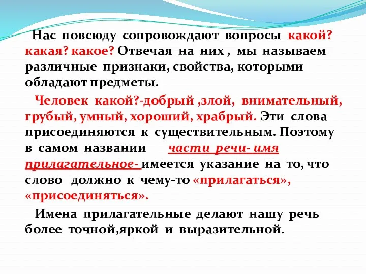 Нас повсюду сопровождают вопросы какой? какая? какое? Отвечая на них