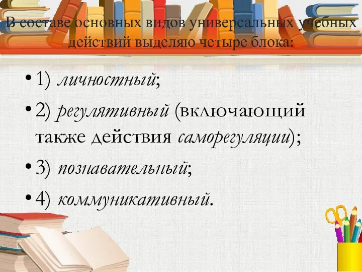 В составе основных видов универсальных учебных действий выделяю четыре блока: