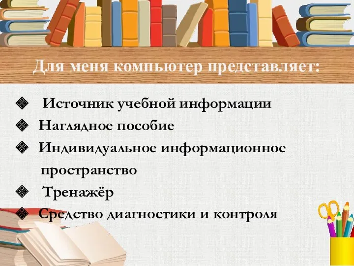 Для меня компьютер представляет: Источник учебной информации Наглядное пособие Индивидуальное