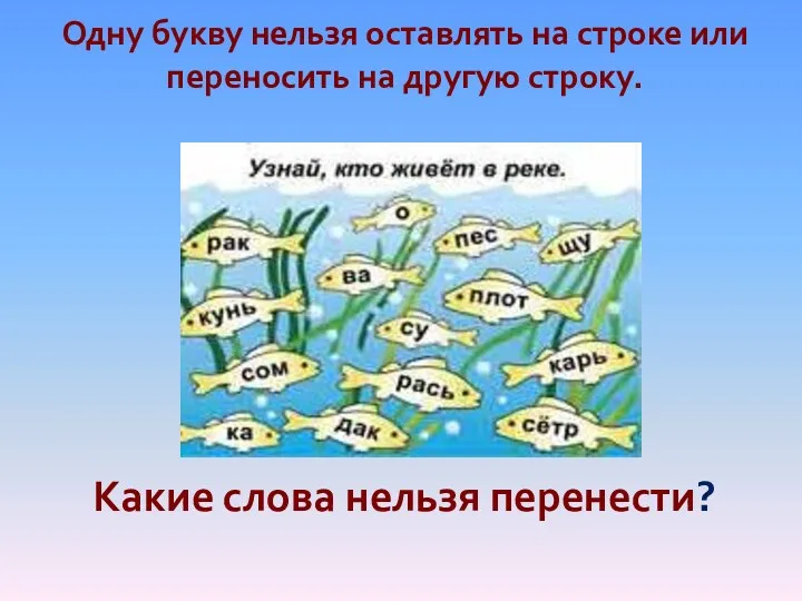 Одну букву нельзя оставлять на строке или переносить на другую строку. Какие слова нельзя перенести?