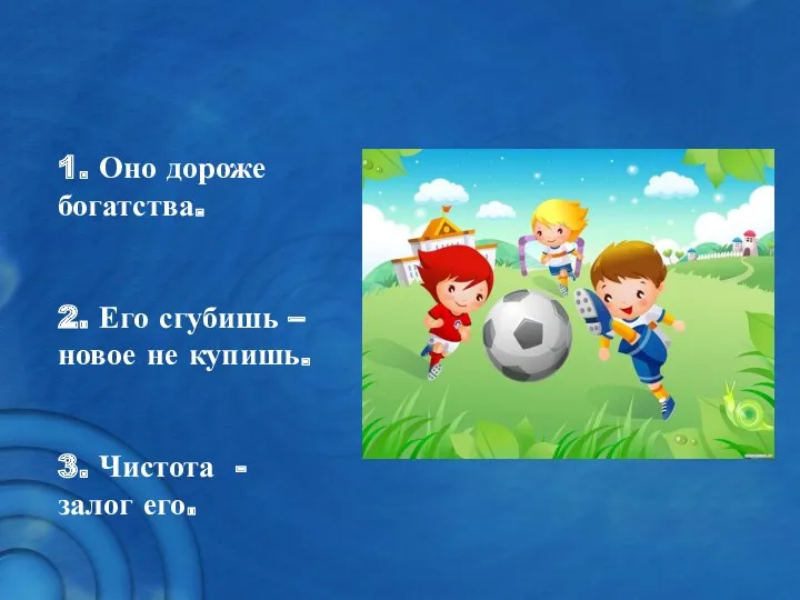 1. Оно дороже богатства. 2. Его сгубишь – новое не купишь. 3. Чистота - залог его.