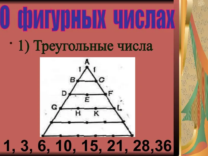 О фигурных числах 1) Треугольные числа 1, 3, 6, 10, 15, 21, 28,36