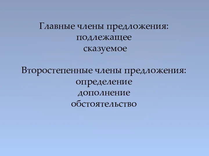 Главные члены предложения: подлежащее сказуемое Второстепенные члены предложения: определение дополнение обстоятельство