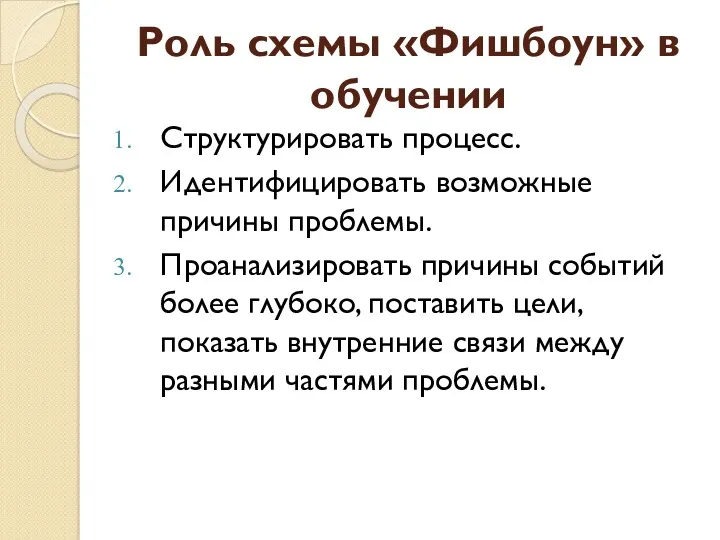 Роль схемы «Фишбоун» в обучении Структурировать процесс. Идентифицировать возможные причины