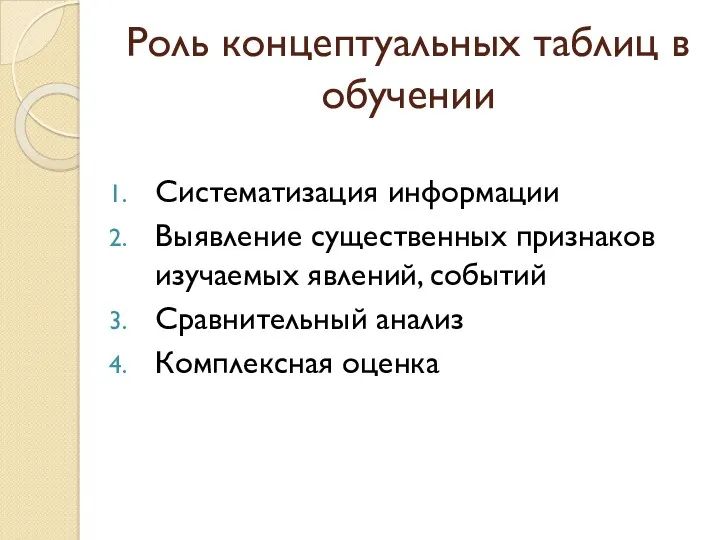 Роль концептуальных таблиц в обучении Систематизация информации Выявление существенных признаков изучаемых явлений, событий