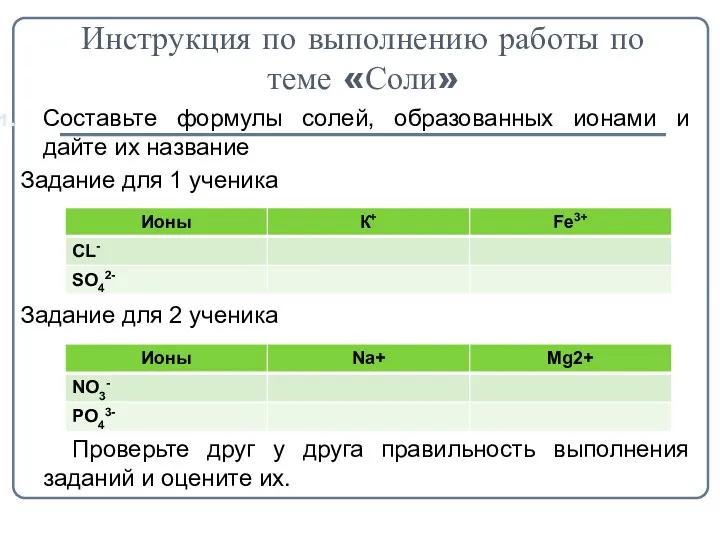 Инструкция по выполнению работы по теме «Соли» Cоставьте формулы солей,