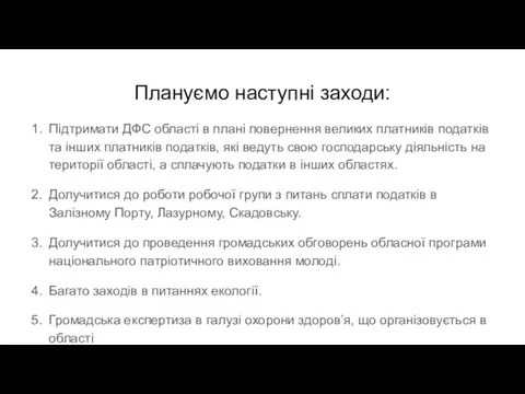 Плануємо наступні заходи: Підтримати ДФС області в плані повернення великих