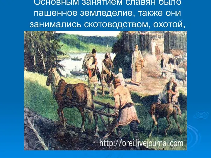 Основным занятием славян было пашенное земледелие, также они занимались скотоводством, охотой, рыбной ловлей, бортничеством