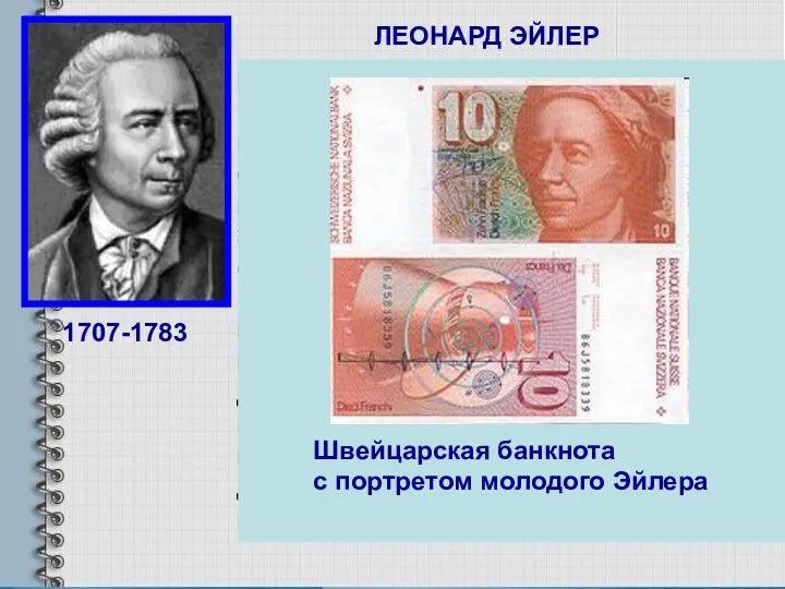 ЛЕОНАРД ЭЙЛЕР 1707-1783 Российский, немецкий и швейцарский математик, внёсший значительный