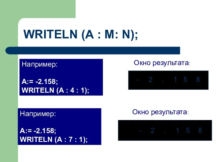 Например: А:= -2.158; WRITELN (А : 4 : 1); Окно