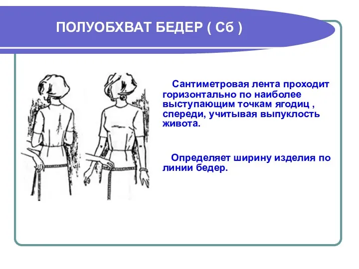 ПОЛУОБХВАТ БЕДЕР ( Сб ) Сантиметровая лента проходит горизонтально по