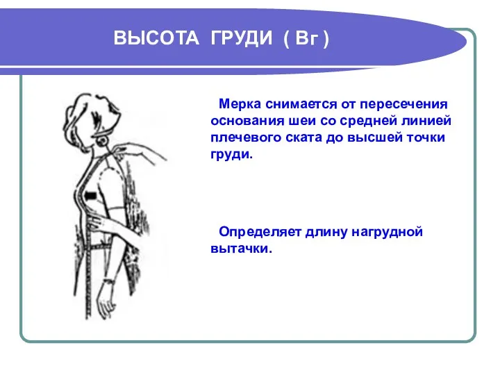 ВЫСОТА ГРУДИ ( Вг ) Мерка снимается от пересечения основания