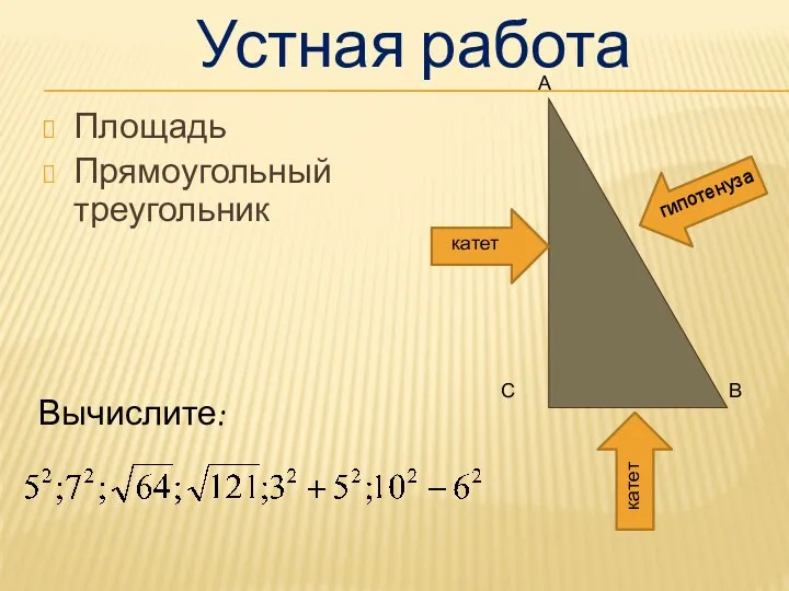 Устная работа Площадь Прямоугольный треугольник А С В гипотенуза Вычислите: