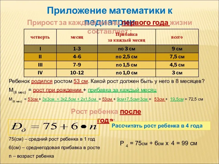 Приложение математики к педиатрии Прирост за каждый месяц первого года