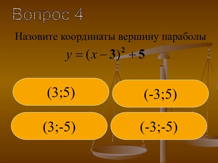 Вопрос 4 (3;5) (3;-5) (-3;-5) (-3;5) Назовите координаты вершину параболы