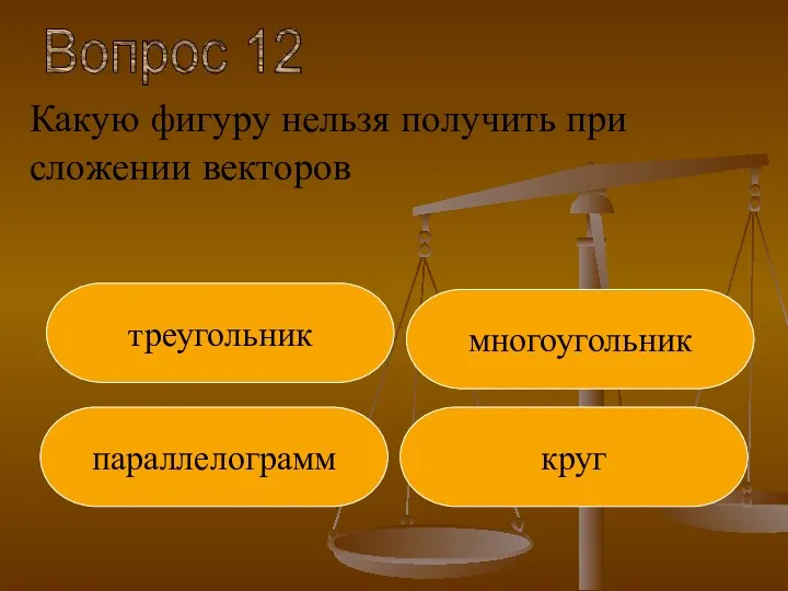 Вопрос 12 треугольник параллелограмм круг многоугольник Какую фигуру нельзя получить при сложении векторов