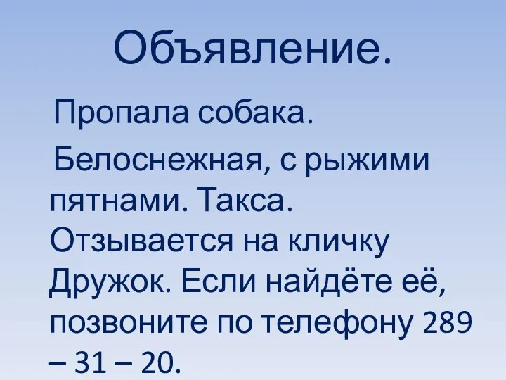 Объявление. Пропала собака. Белоснежная, с рыжими пятнами. Такса. Отзывается на