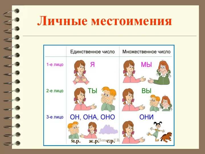 Личные местоимения м.р. ж.р. с.р. Попкова Т.В.