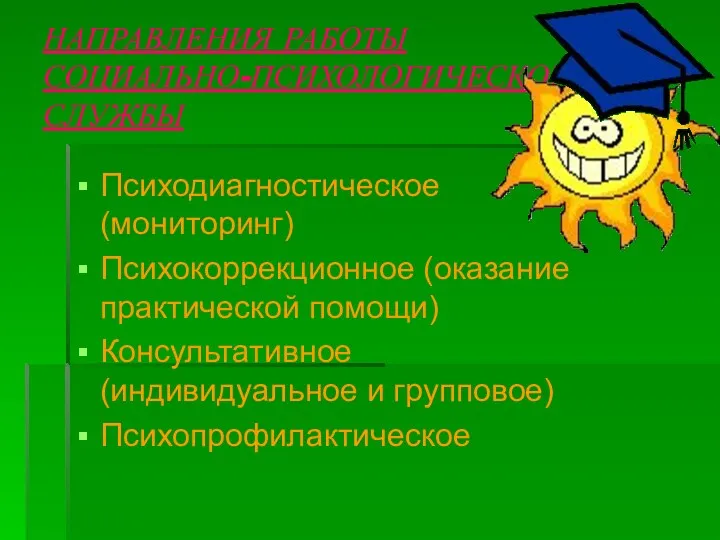 НАПРАВЛЕНИЯ РАБОТЫ СОЦИАЛЬНО-ПСИХОЛОГИЧЕСКОЙ СЛУЖБЫ Психодиагностическое (мониторинг) Психокоррекционное (оказание практической помощи) Консультативное (индивидуальное и групповое) Психопрофилактическое