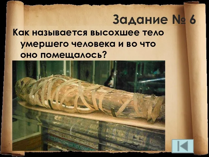 Задание № 6 Как называется высохшее тело умершего человека и во что оно помещалось?