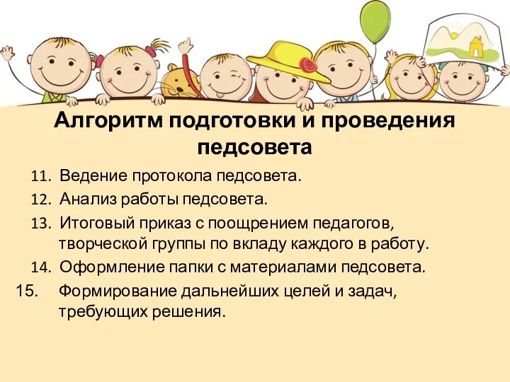 Алгоритм подготовки и проведения педсовета 11. Ведение протокола педсовета. 12.