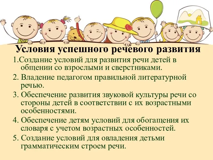 Условия успешного речевого развития 1.Создание условий для развития речи детей