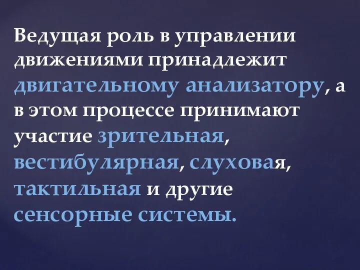 Ведущая роль в управлении движениями принадлежит двигательному анализатору, а в