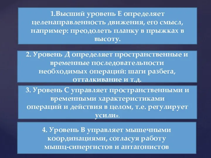 1.Высший уровень Е определяет целенаправленность движения, его смысл, например: преодолеть