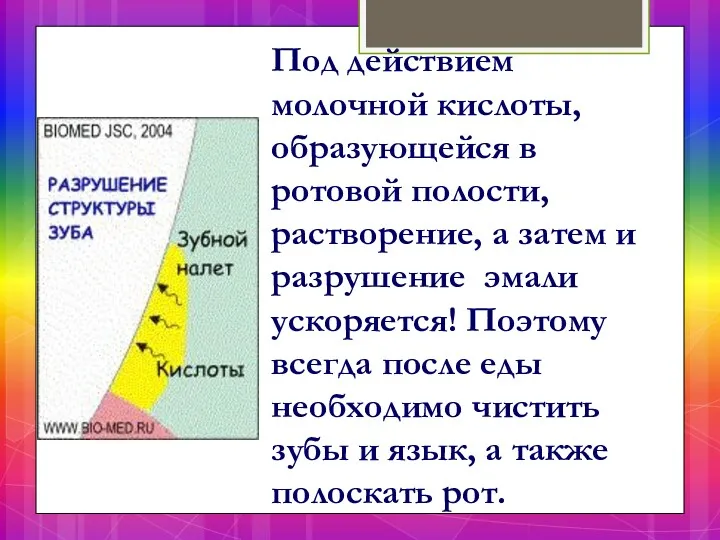 Под действием молочной кислоты, образующейся в ротовой полости, растворение, а затем и разрушение