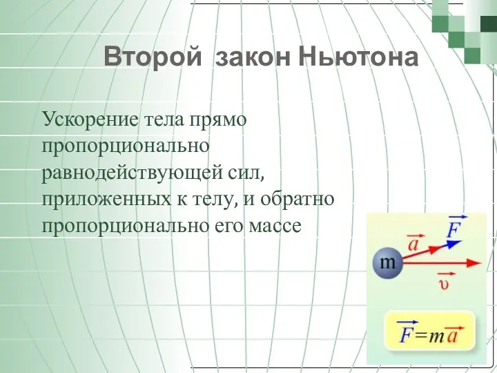 Второй закон Ньютона Ускорение тела прямо пропорционально равнодействующей сил, приложенных