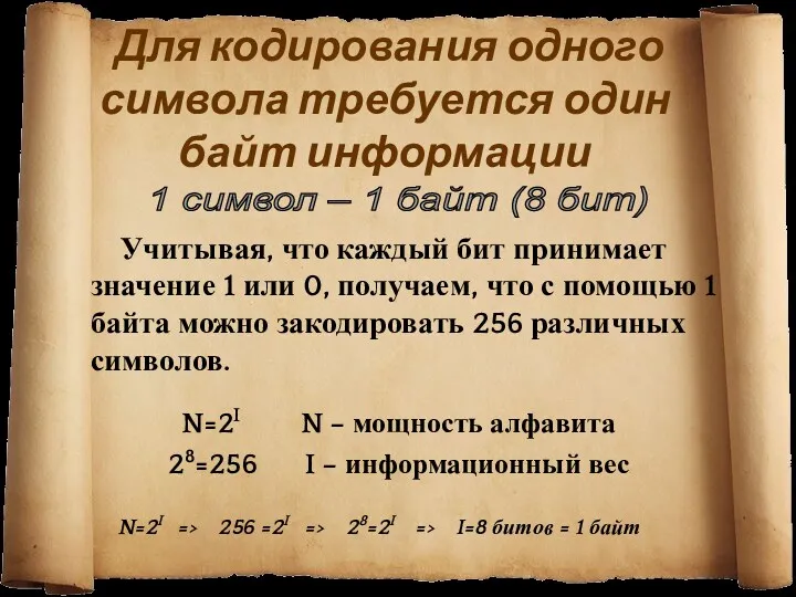 Для кодирования одного символа требуется один байт информации Учитывая, что каждый бит принимает