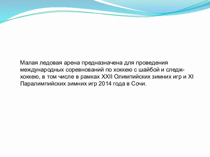 Малая ледовая арена предназначена для проведения международных соревнований по хоккею