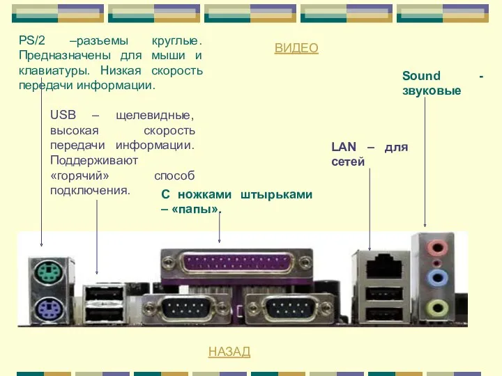 PS/2 –разъемы круглые. Предназначены для мыши и клавиатуры. Низкая скорость