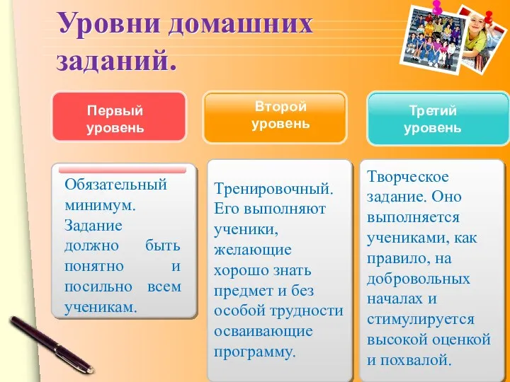 Уровни домашних заданий. Третий уровень Второй уровень Первый уровень Обязательный