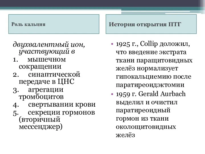 Роль кальция История открытия ПТГ двухвалентный ион, участвующий в 1.