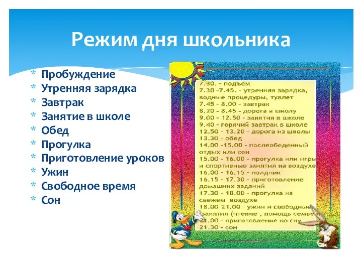 Режим дня школьника Пробуждение Утренняя зарядка Завтрак Занятие в школе