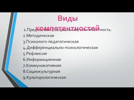 1.Предметная (специальная) компетентность. 2.Методическая 3.Психолого-педагогическая 4.Дифференциально-психологическая 5.Рефлексия 6.Информационная 7.Коммуникативная 8.Социокультурная 9.Культорологическая Виды компетентностей