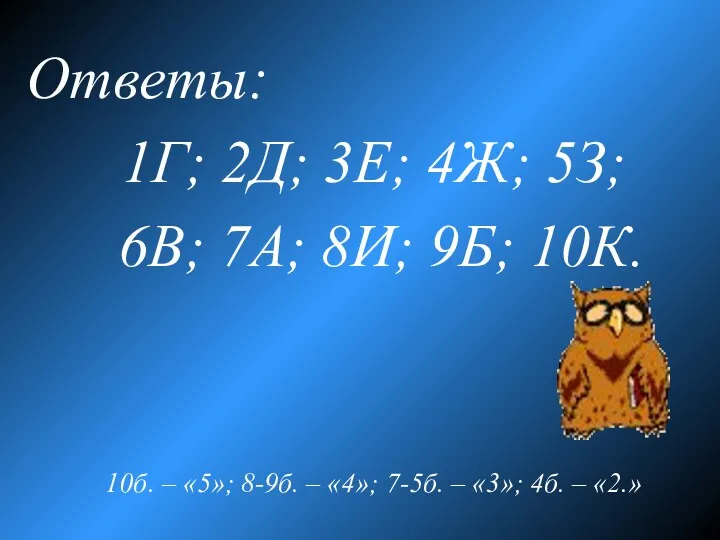 Ответы: 1Г; 2Д; 3Е; 4Ж; 5З; 6В; 7А; 8И; 9Б;