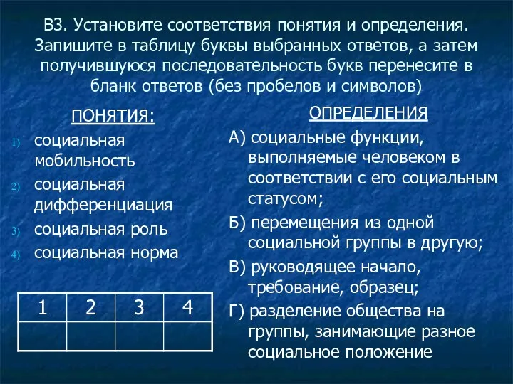 В3. Установите соответствия понятия и определения. Запишите в таблицу буквы