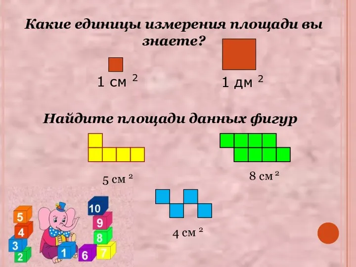 Какие единицы измерения площади вы знаете? 1 см 2 Найдите