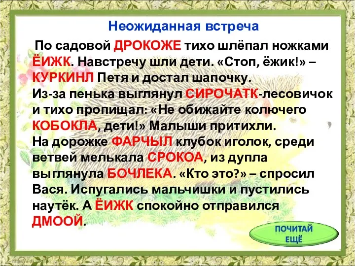 По садовой ДРОКОЖЕ тихо шлёпал ножками ЁИЖК. Навстречу шли дети.