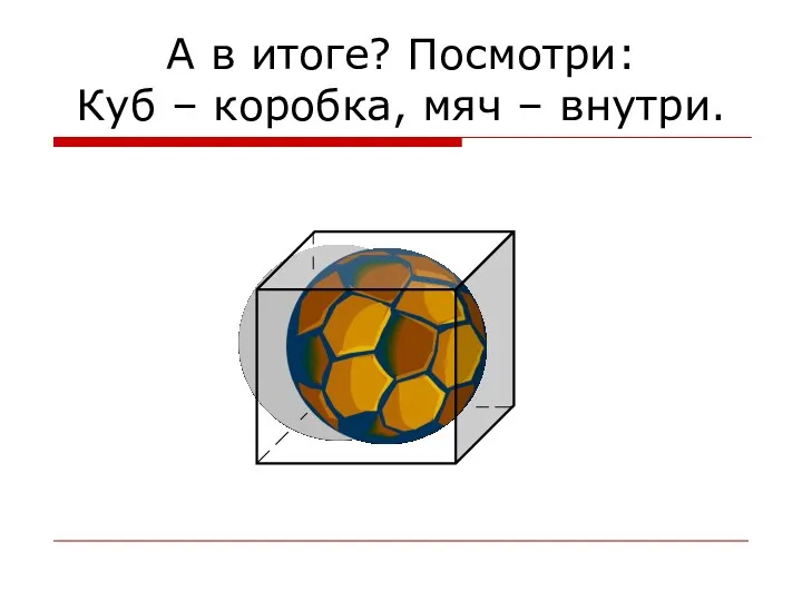 А в итоге? Посмотри: Куб – коробка, мяч – внутри.
