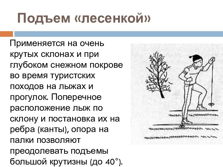 Подъем «лесенкой» Применяется на очень крутых склонах и при глубоком снежном покрове во