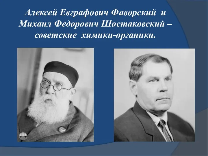 Алексей Евграфович Фаворский и Михаил Федорович Шостаковский – советские химики-органики.