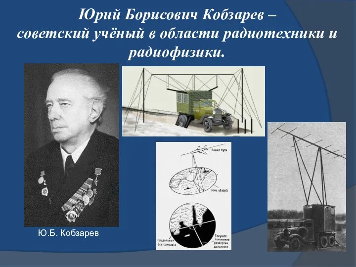 Юрий Борисович Кобзарев – советский учёный в области радиотехники и радиофизики. Ю.Б. Кобзарев