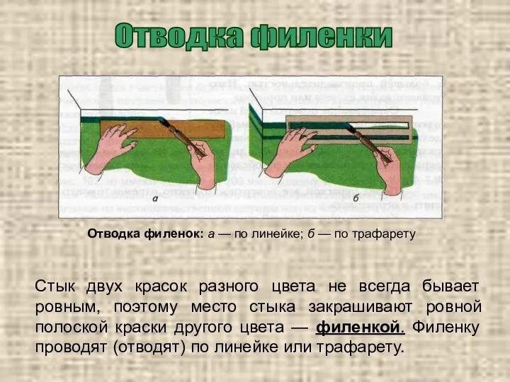 Отводка филенки Отводка филенок: а — по линейке; б — по трафарету Стык