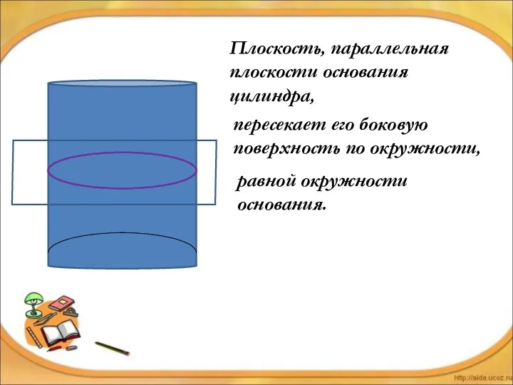 Плоскость, параллельная плоскости основания цилиндра, пересекает его боковую поверхность по окружности, равной окружности основания.