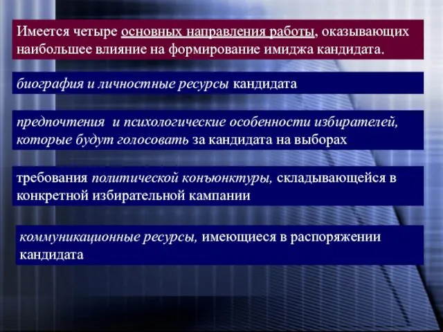 Имеется четыре основных направления работы, оказывающих наибольшее влияние на формирование