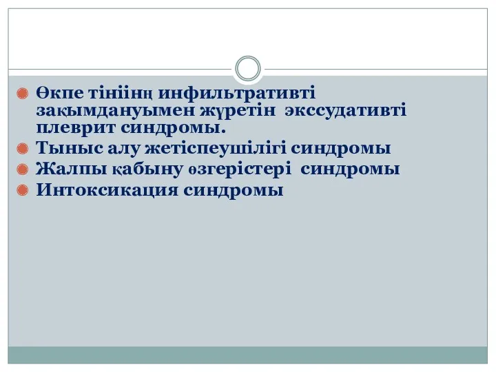 Өкпе тініінң инфильтративті зақымдануымен жүретін экссудативті плеврит синдромы. Тыныс алу