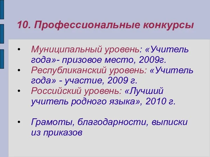 10. Профессиональные конкурсы Муниципальный уровень: «Учитель года»- призовое место, 2009г.